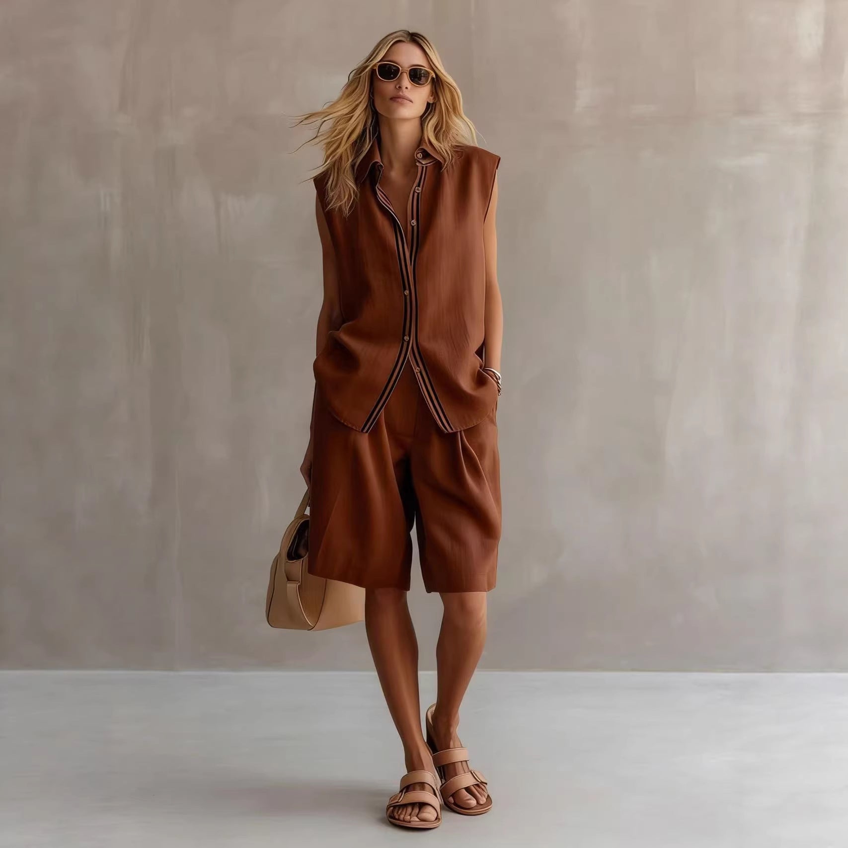 Women's Linen Shirt and Shorts Set – Sleeveless Summer Two-Piece