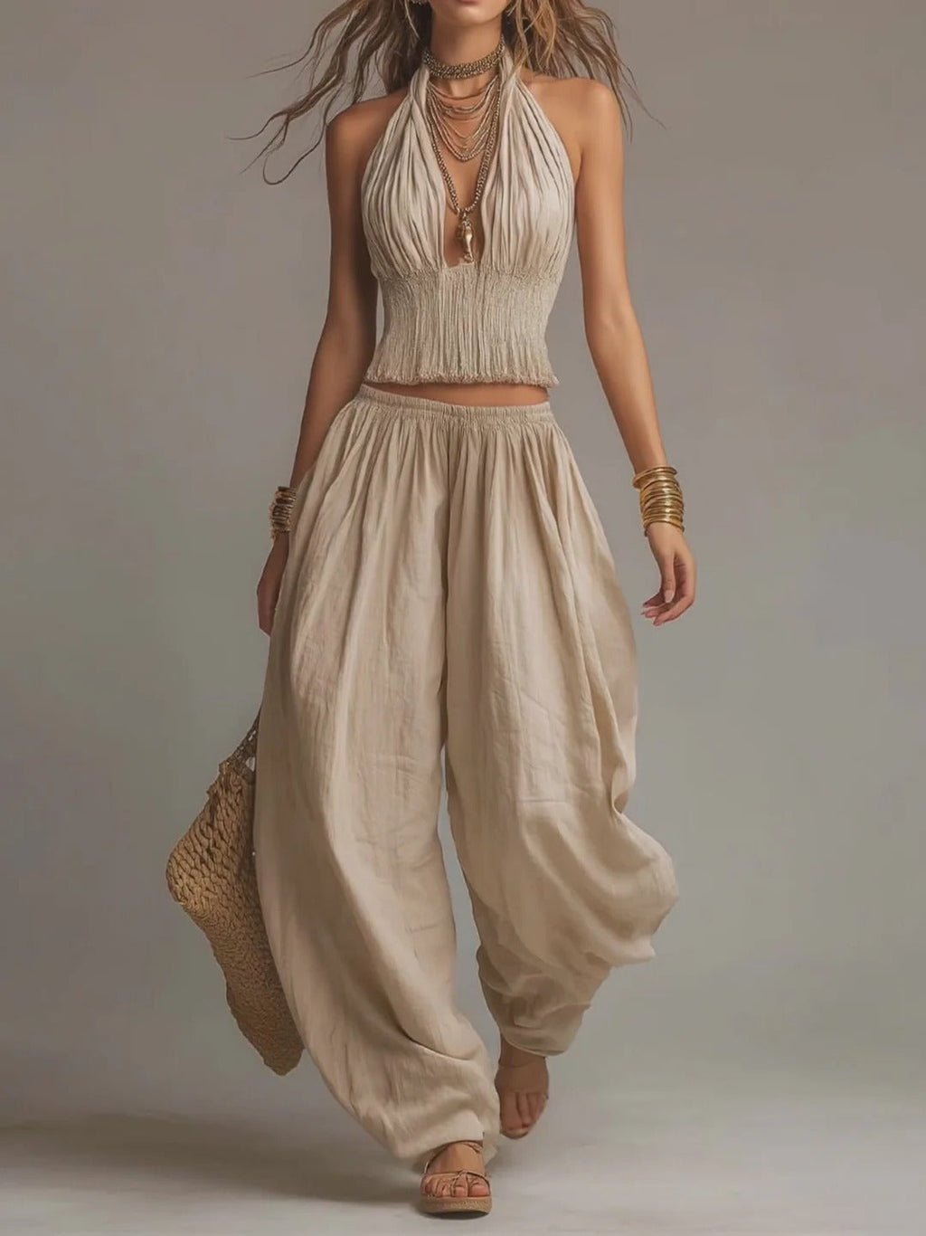 Women's Sleeveless Backless Halter Top & Wide-Leg Pants Set