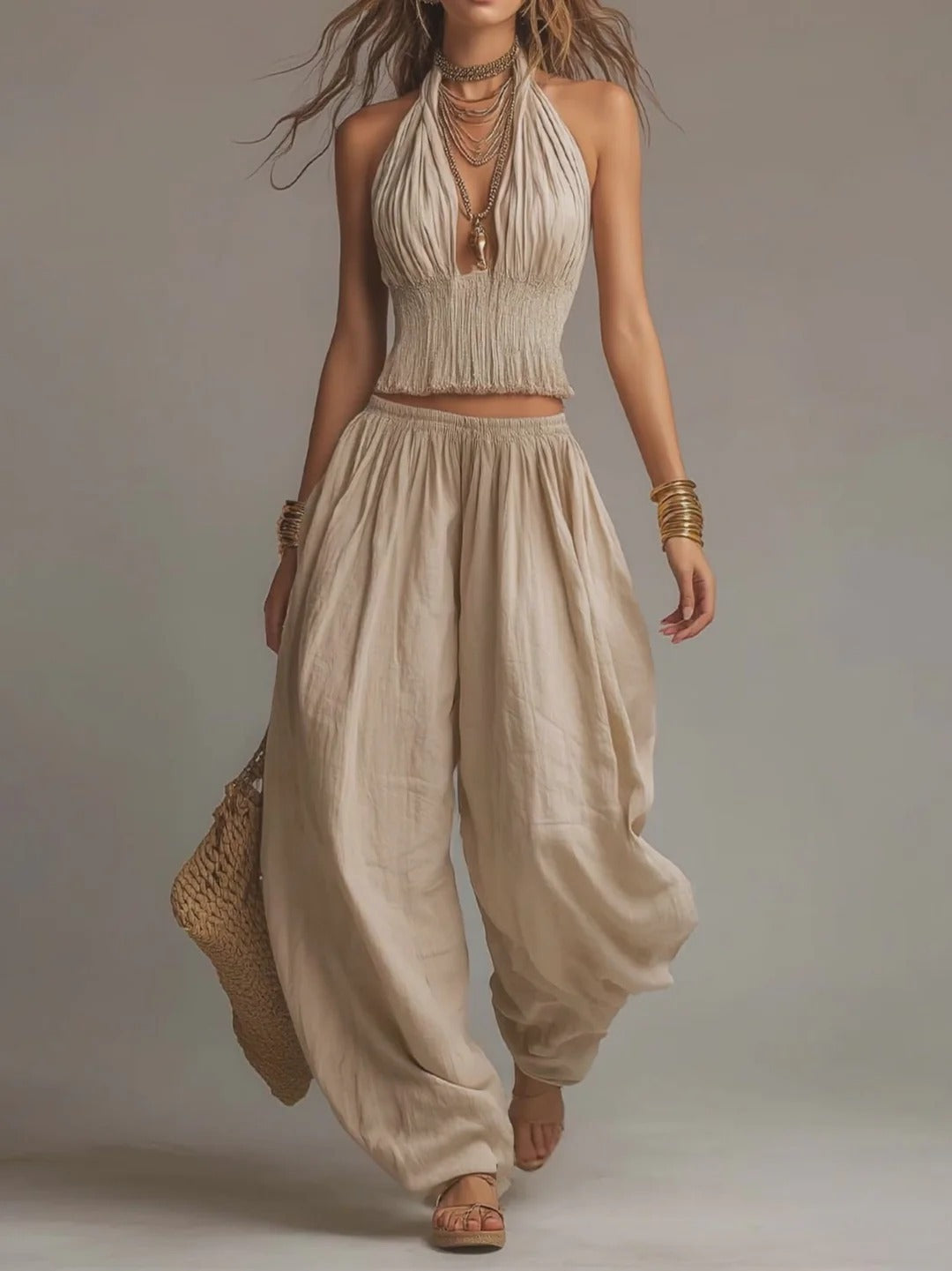 Women's Sleeveless Backless Halter Top & Wide-Leg Pants Set