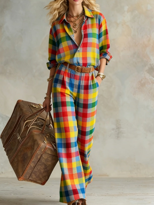 Women's Vertical Stripe Collared Loose Long-Sleeve Shirt & Wide-Leg Pants Set