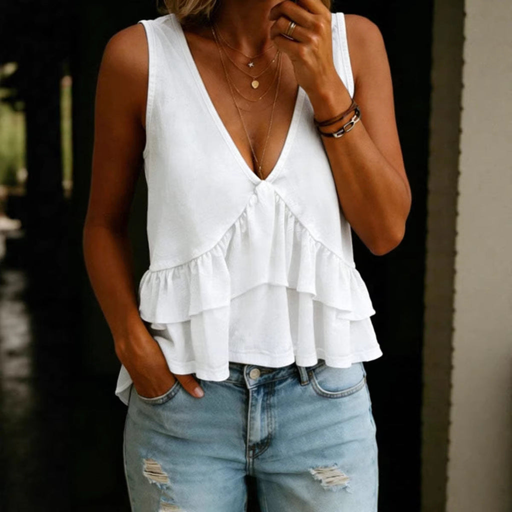 V-Neck Ruffled Sleeveless Vest Top – Solid Color Women’s Tank