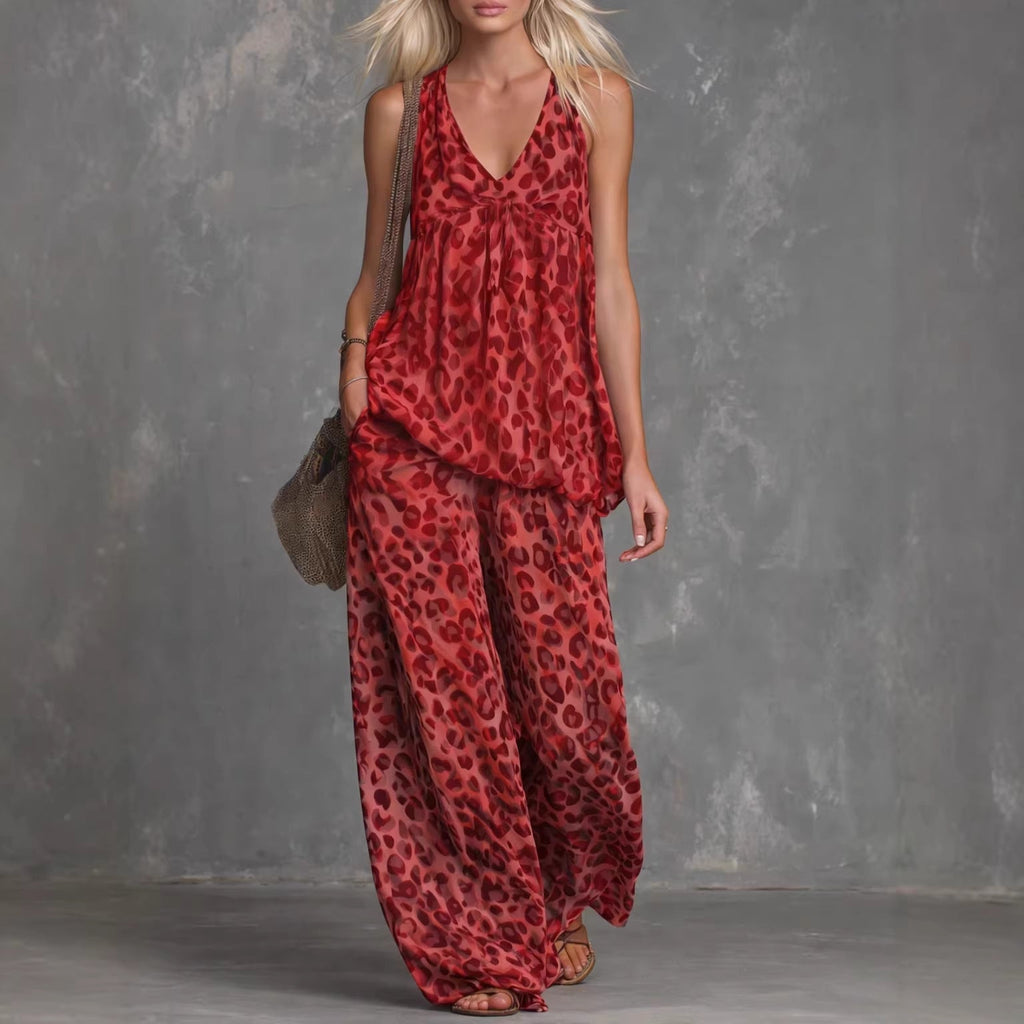 Women’s Leopard Print Sleeveless Top and Chiffon Pants Set