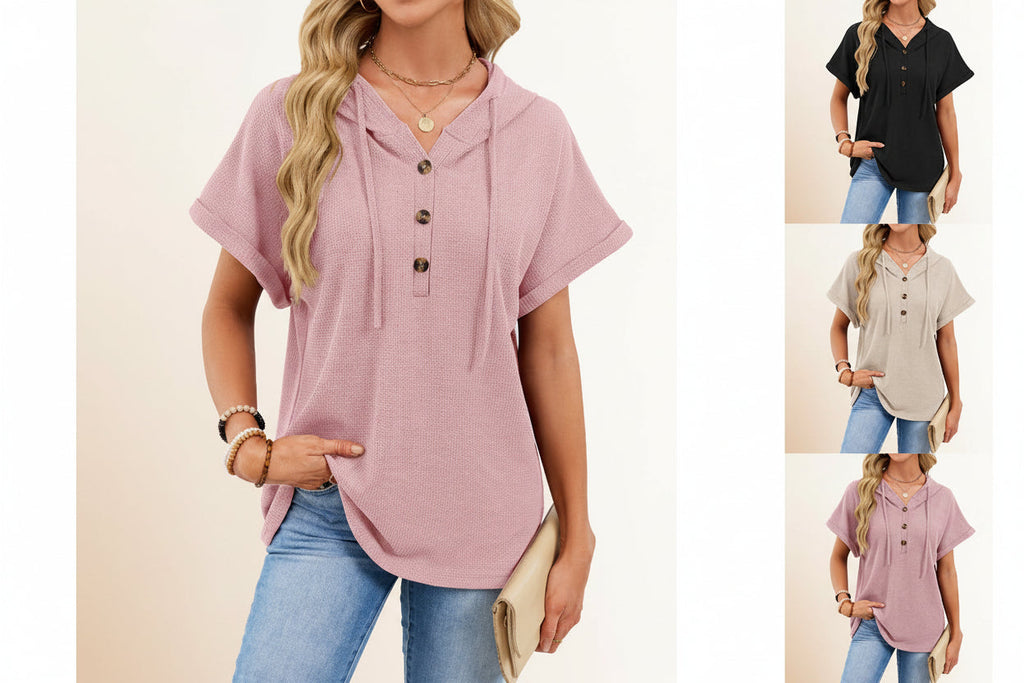 Women's Waffle Knit Hooded Short-Sleeve Top – Drawstring Button Pullover