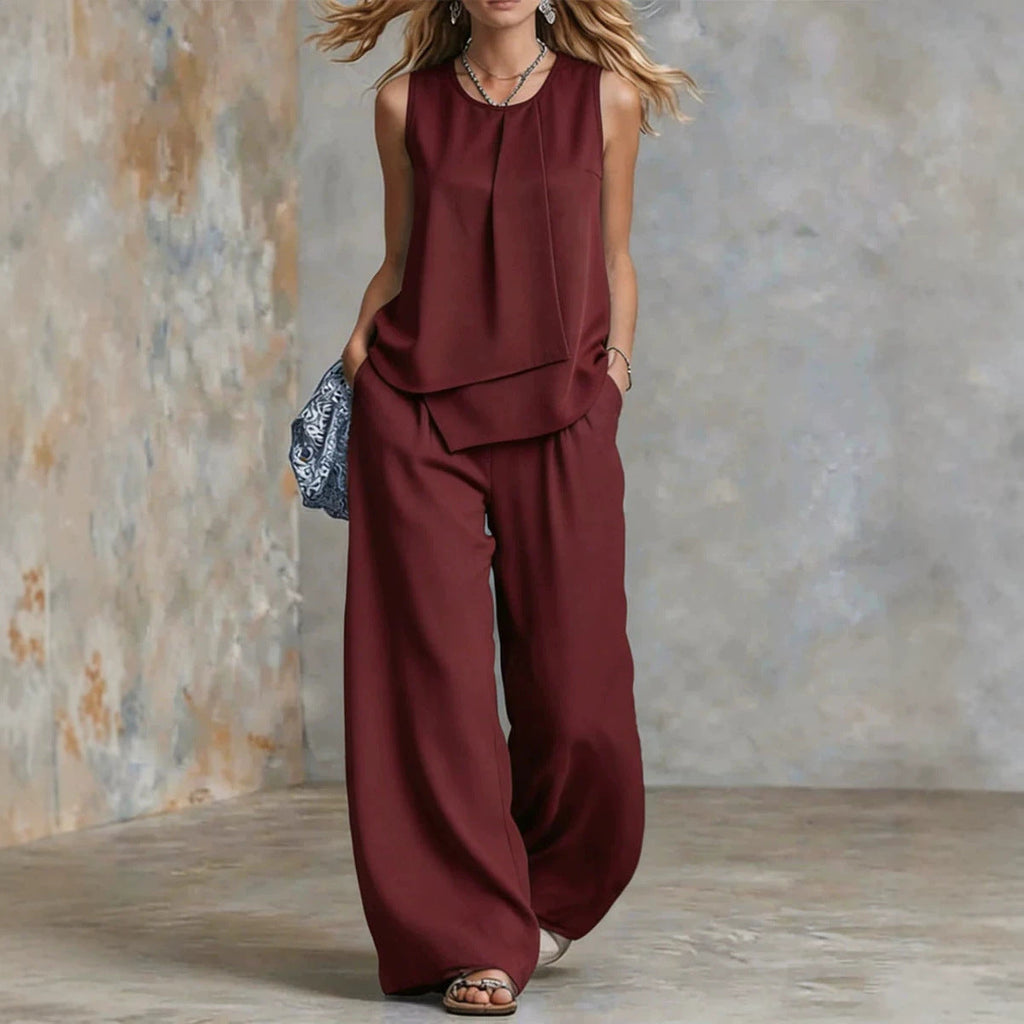 Women's Sleeveless Two-Piece Set – Solid Color Wide-Leg Pants & Top