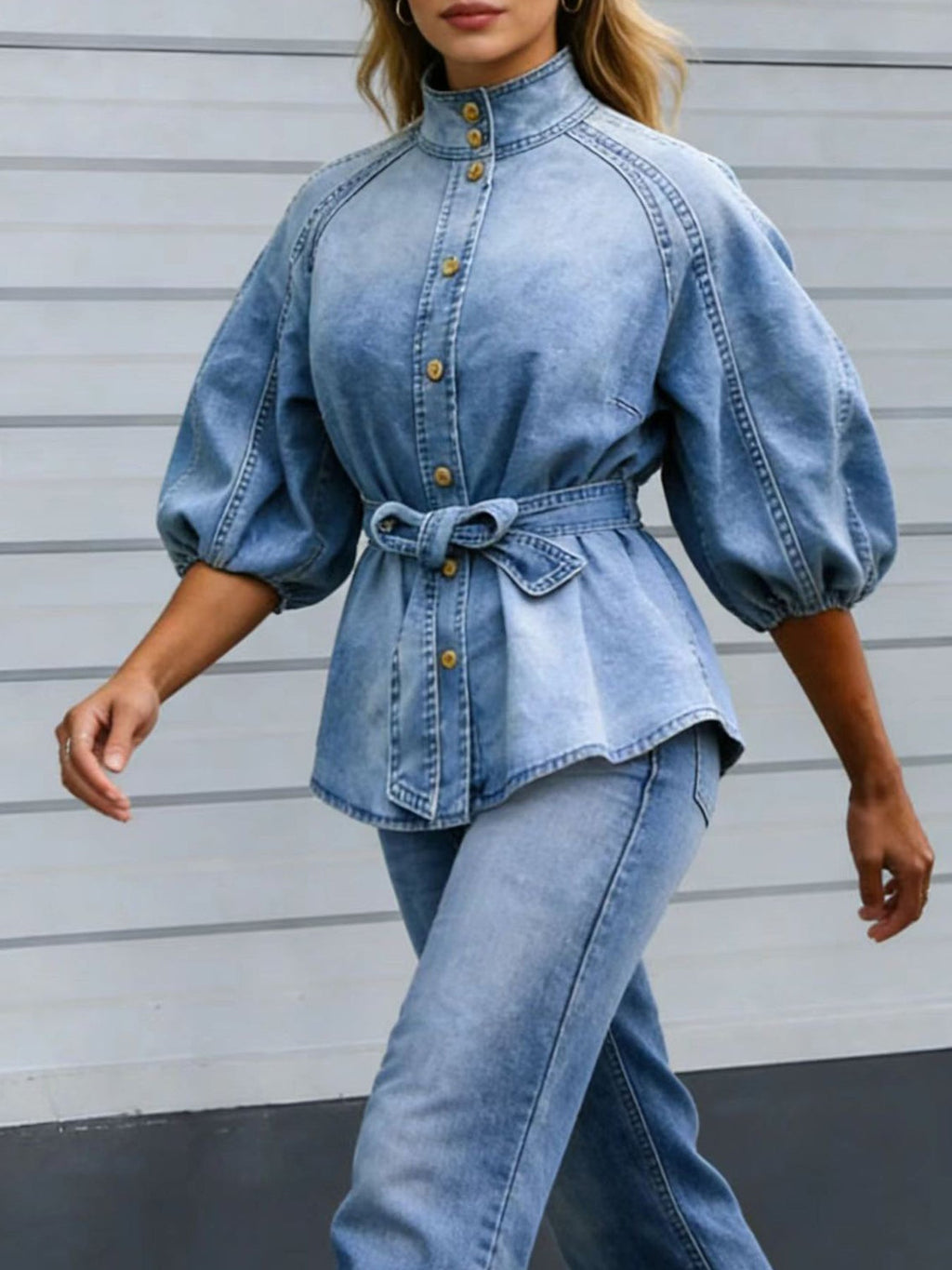 Women's Retro Washed Denim Top | Lantern Sleeve Stand Collar Belted Shirt in Blue | S–XXL