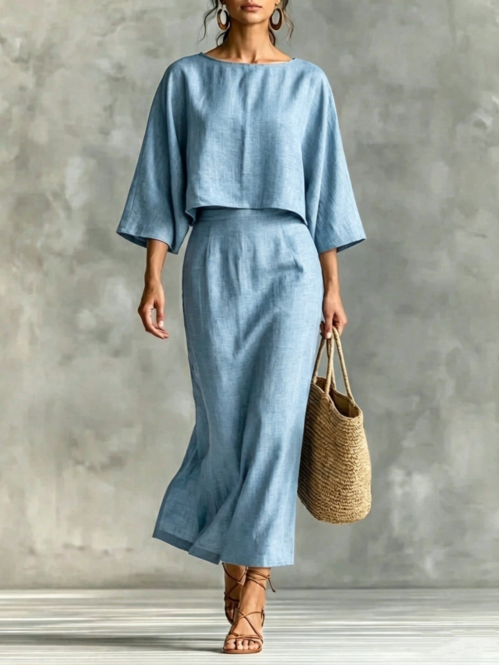 High Waist Long Skirt & 3/4 Sleeve Loose Top Set