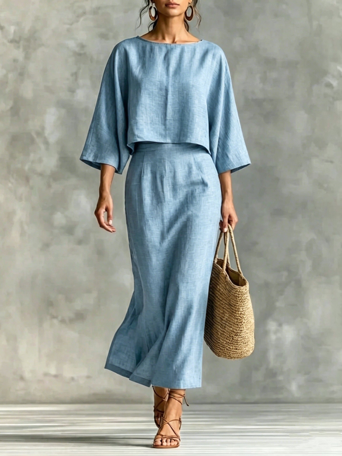 High Waist Long Skirt & 3/4 Sleeve Loose Top Set