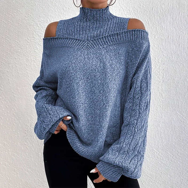 Women’s Elegant Off-Shoulder Turtleneck Sweater — Long Sleeve Knit Top