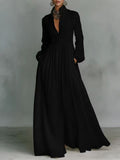 Women's French Style Long Sleeve Pleated A-Line Maxi Dress