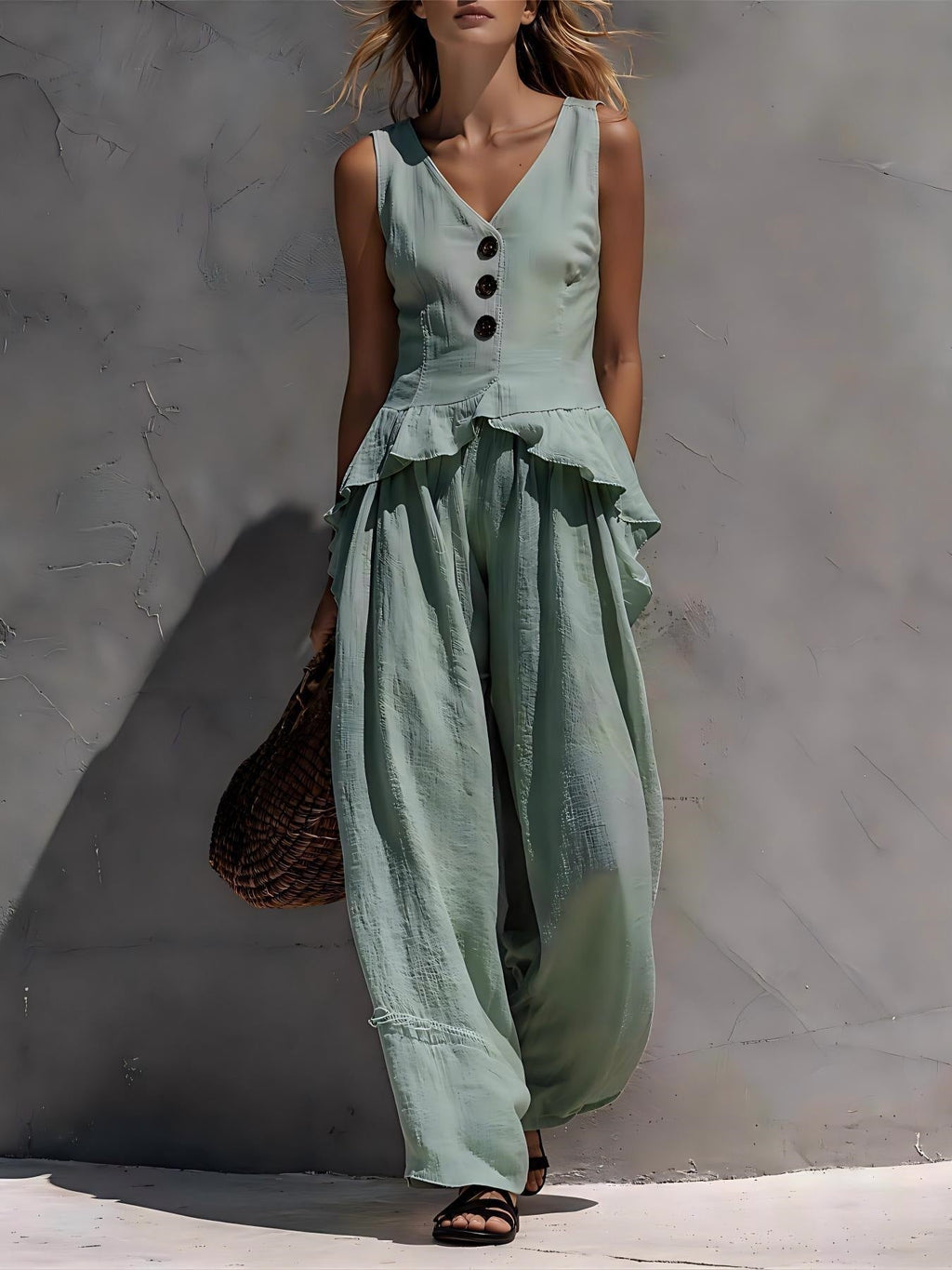 Ruffled Tank Top & Draping Wide-Leg Pants Set – 6 Colors, S–3XL