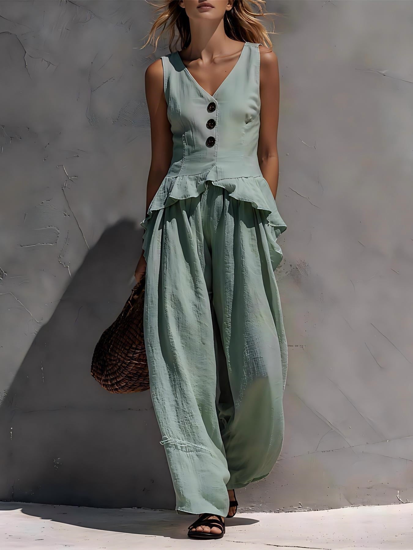 Ruffled Tank Top & Draping Wide-Leg Pants Set – 6 Colors, S–3XL