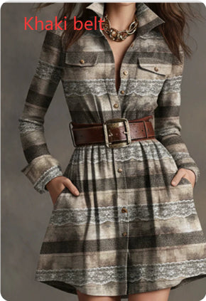 Women's Elegant Plaid Long Sleeve Mini Dress | Belted