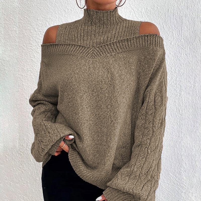 Women's Cold Shoulder Sweater - High Neck Cut Out Pullover Long Sleeve