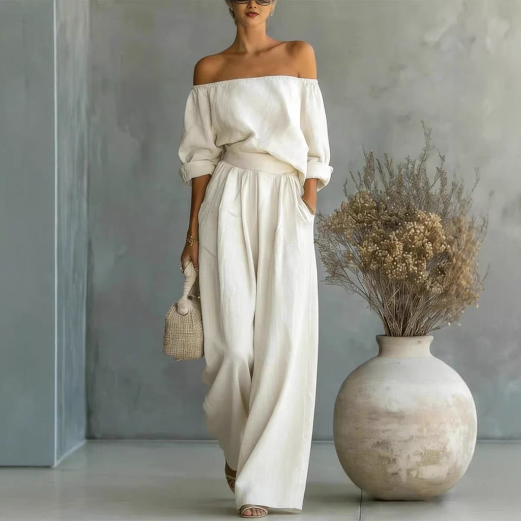 Women's Off-Shoulder Long-Sleeve Top & Wide-Leg Pants Two-Piece Set