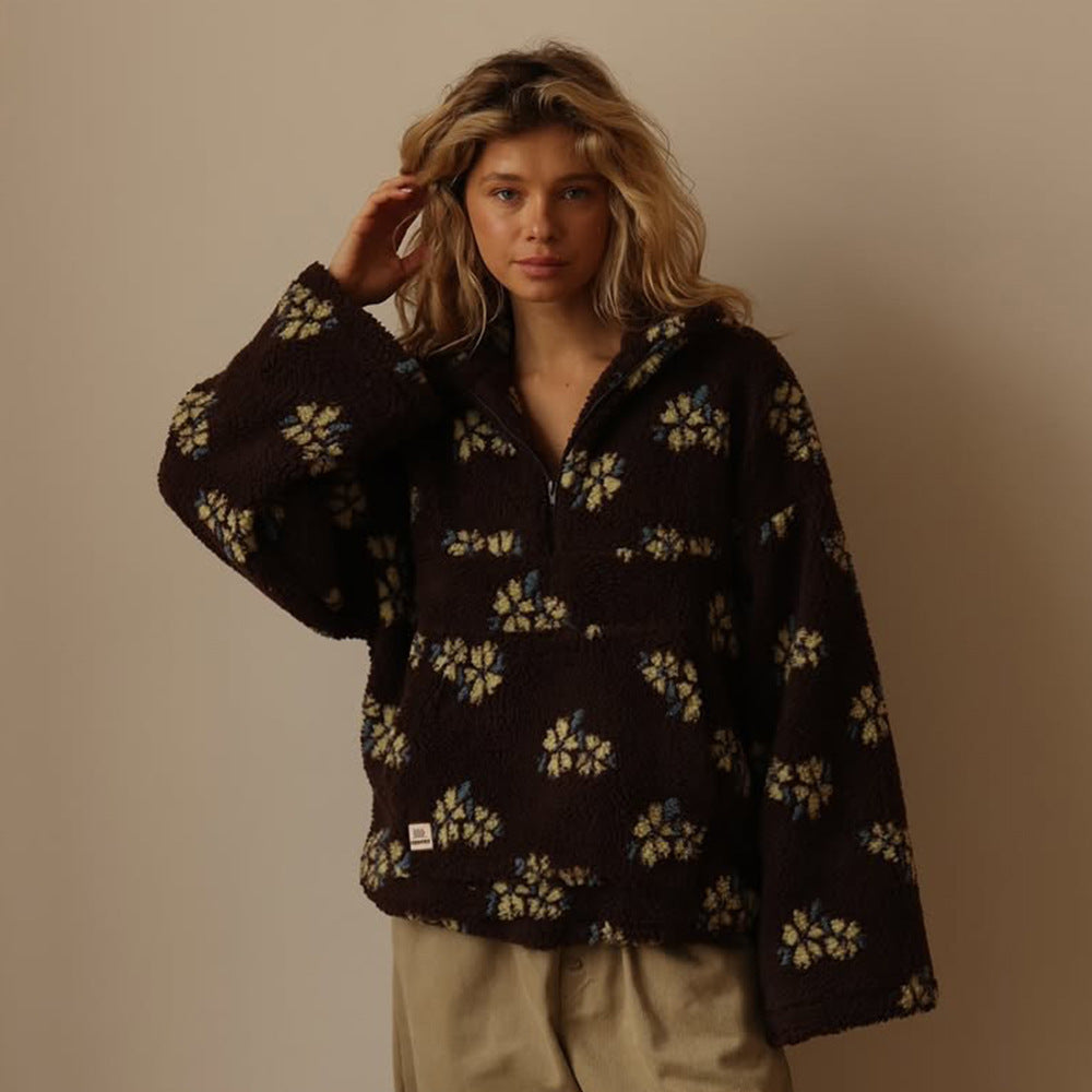 Winter Flowers Lambskin Sweatshirt Women | Cozy Zip-Up Pocket Pullover