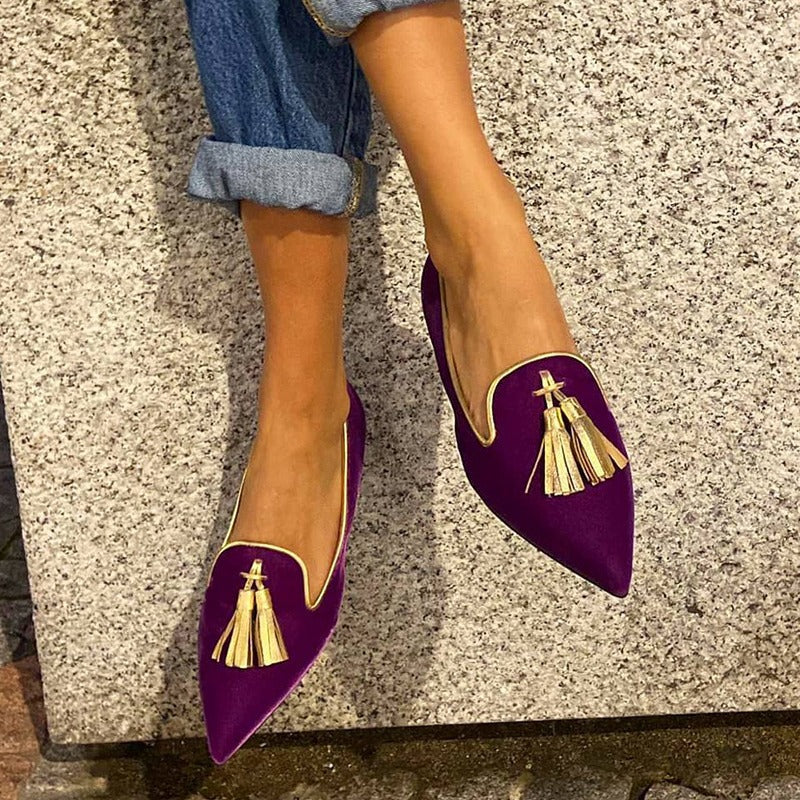 Women's Suede Pointed Toe Tassel Flats – Shallow Mouth Low Heel Casual Shoes