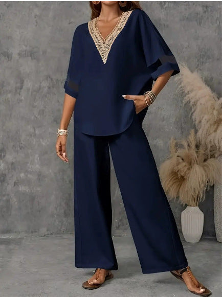 Women's Embroidered V-Neck Top & Wide-Leg Pants Set – 5 Colors S–XXL