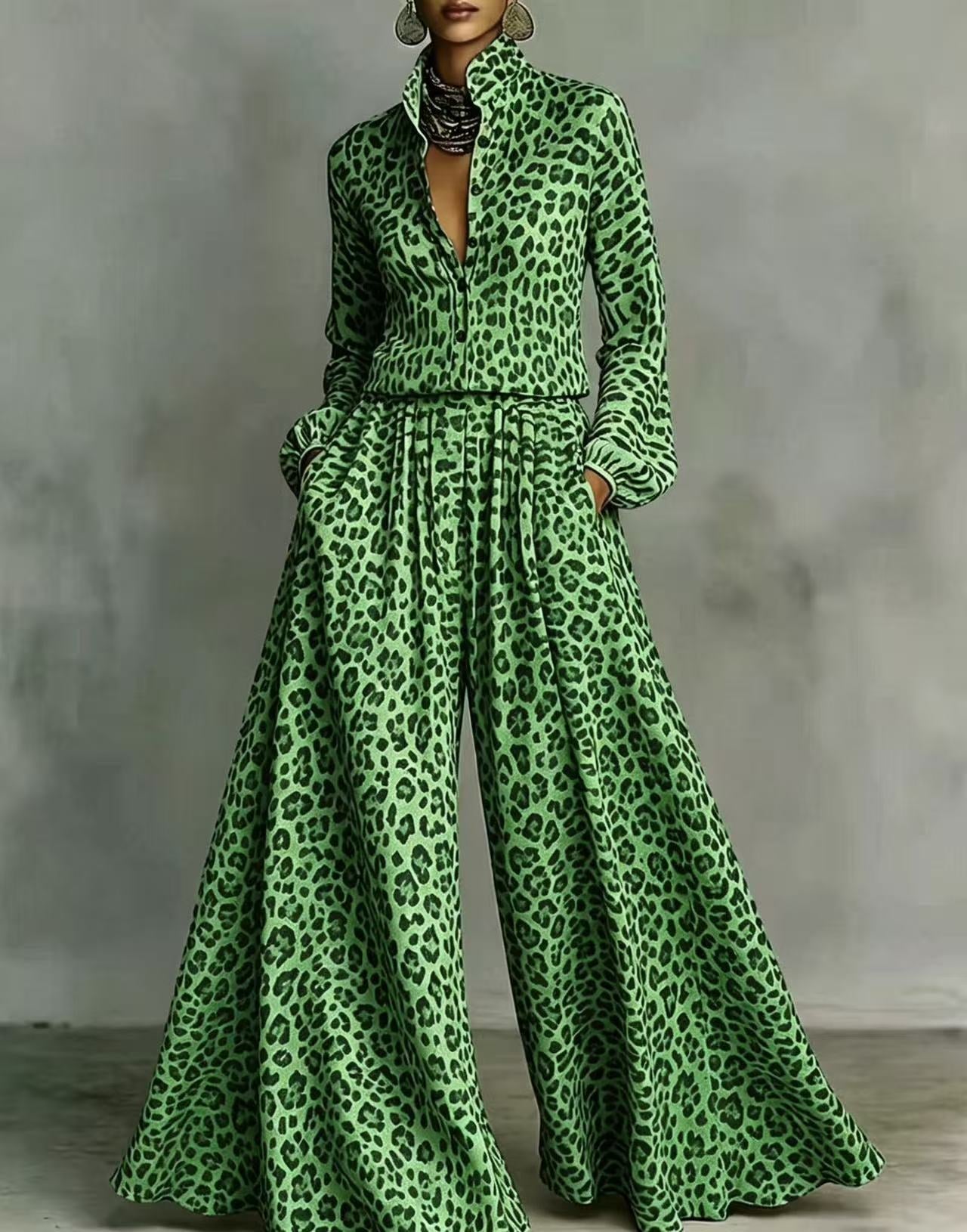 Leopard Print Wide-Leg Pants Set – Women’s Casual Two-Piece