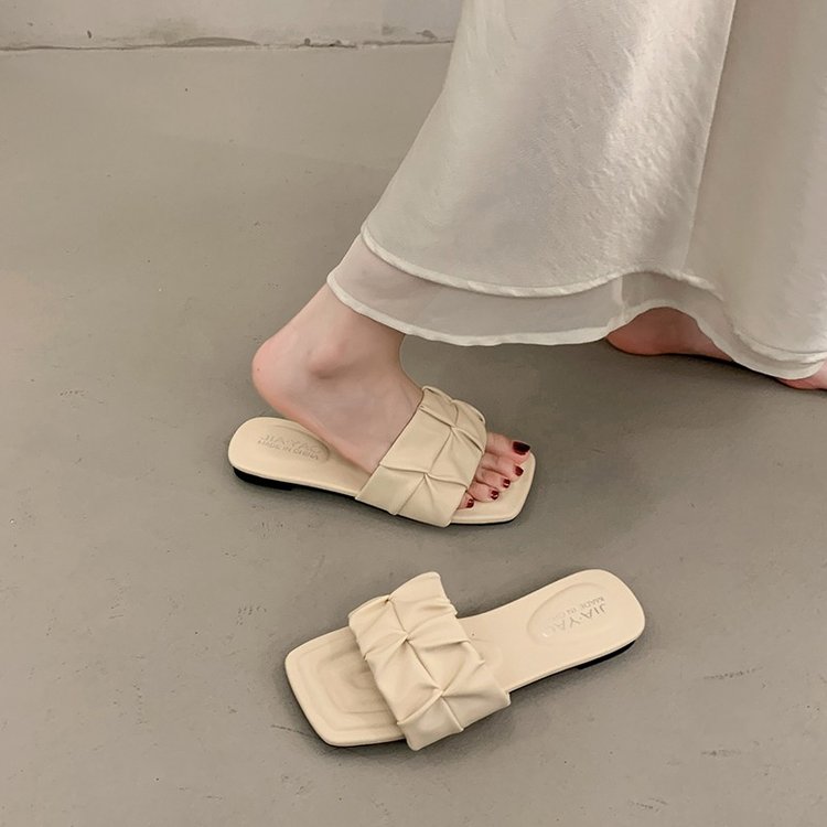 Minimalist Pleated Flat Slide Sandals – Square Toe Faux Leather