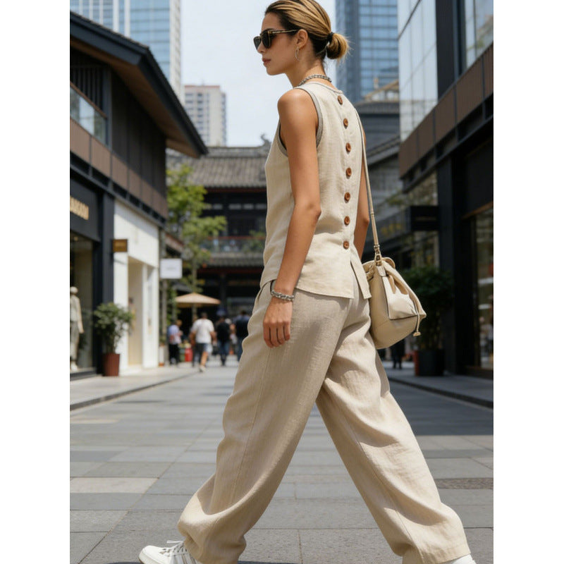 Women's Sleeveless Cardigan Top & Pants Two-Piece Set