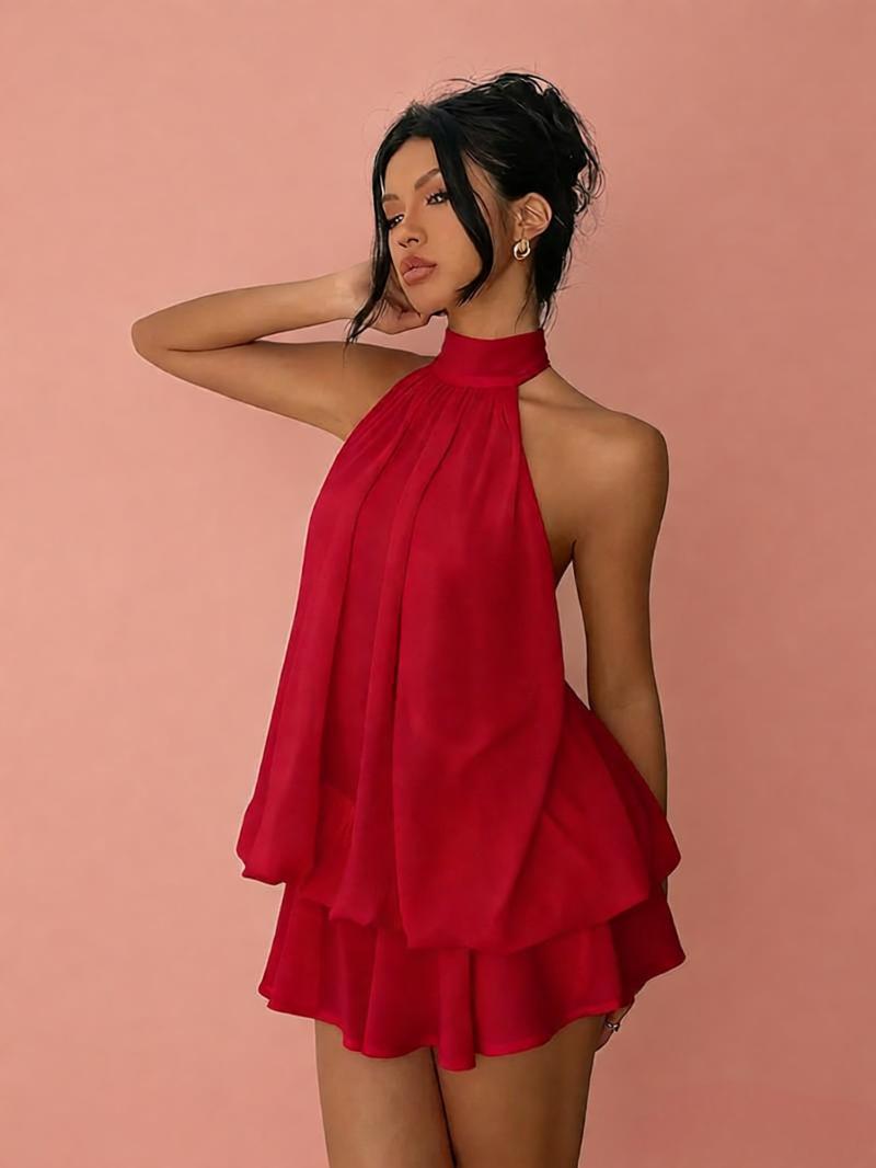 Women's Chiffon Halter Mini Dress – High-Waist Open-Back A-Line Dress