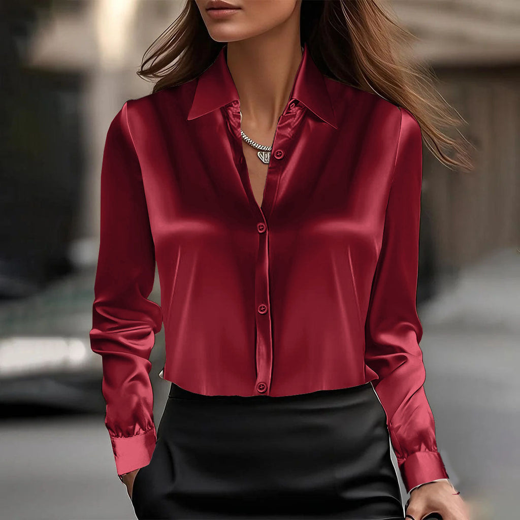 Long Sleeve Satin Swing Collar Top | Elegant Commuter Shirt