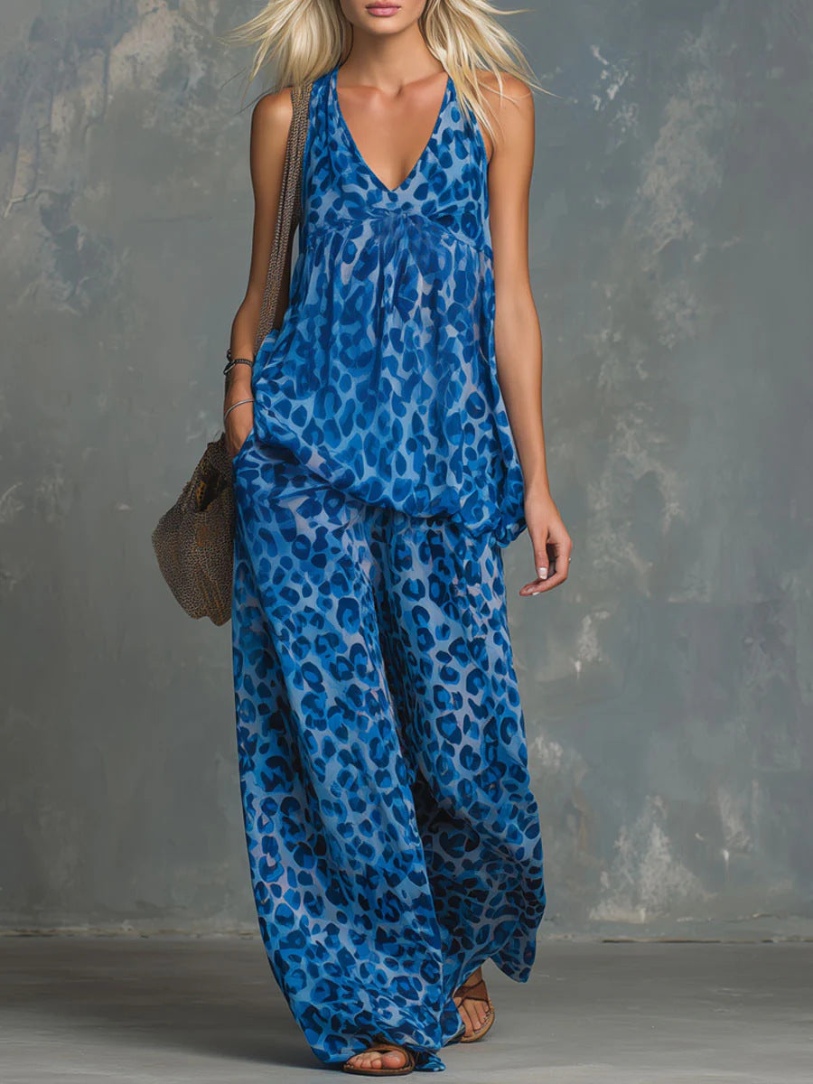 Women’s Leopard Print Sleeveless Top and Chiffon Pants Set