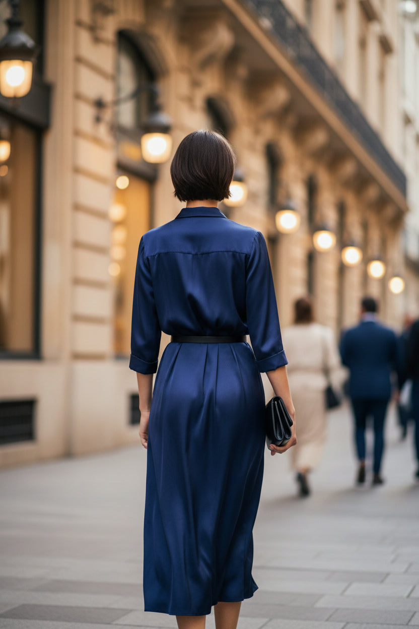 Women's Slim-Fit Lapel Collar Half-Sleeve Midi Dress