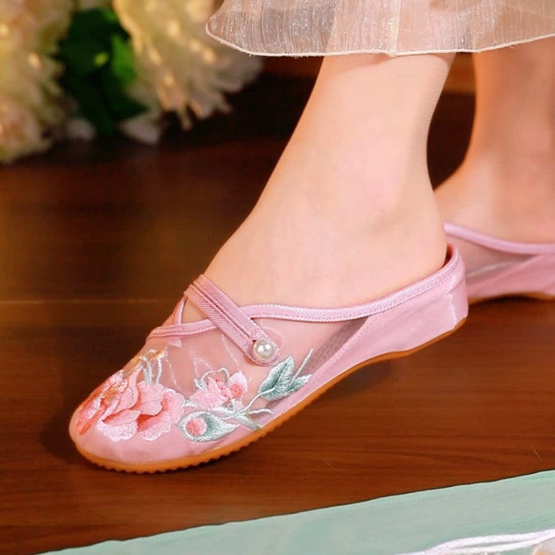 Women's Floral Embroidered Mesh Shoes – Breathable Hollow-Out Retro Flats