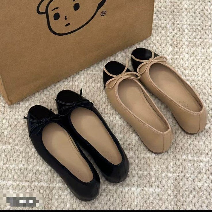 Women's Two-Tone Cap Toe Ballet Flats with Bow – Slip-On Hidden Platform