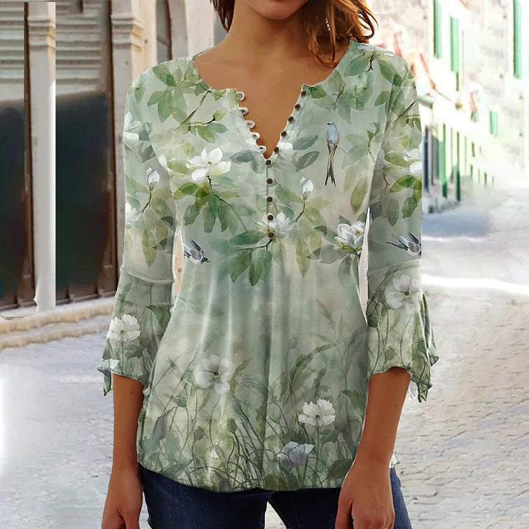 🌸 Asymmetrical Spike Button 3/4 Sleeve T-Shirt – Effortless Chic