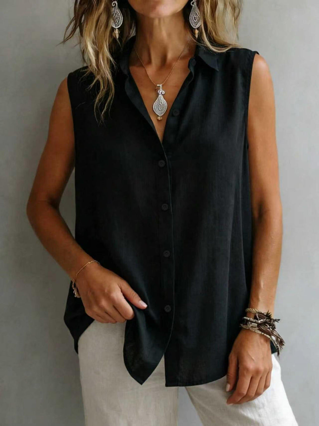 Women's Solid Color Lapel Sleeveless Top
