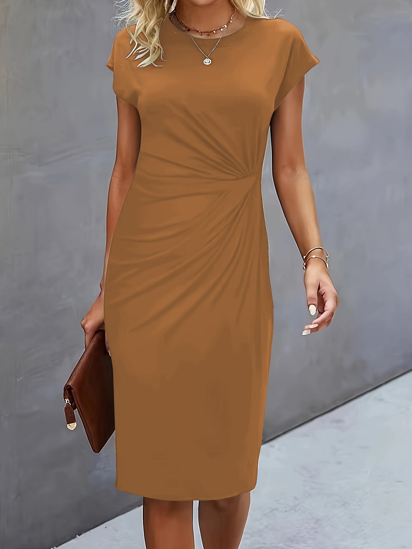 Front Knot Bodycon Midi Dress – Round Neck Sleeveless Tie Dress