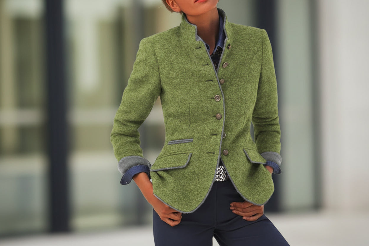 Women’s Color-Block Woolen Jacket – Multi-Button Casual Elegant Coat
