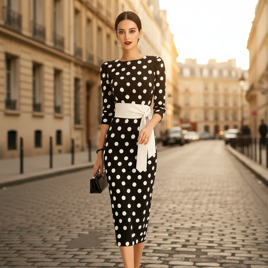 Women's Retro Polka-Dot Bodycon Midi Dress – Belted Cross-Tie