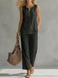 Women's Sleeveless V-Neck Top & Full-Length Pants Two-Piece Set