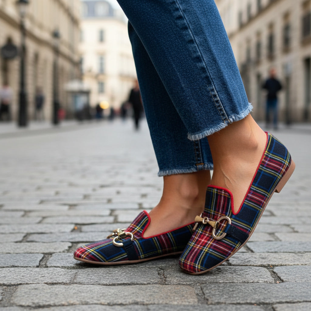 Women's Plaid Square Toe Flats – Buckle Casual Shoes in Red & Blue