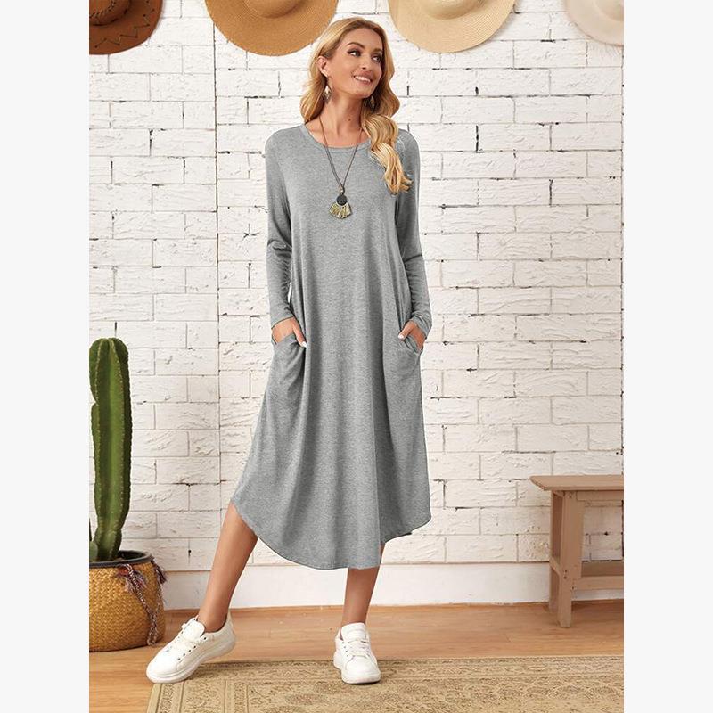Women's Cotton Maxi Dress – Solid Color Long Sleeve A-Line with Pockets