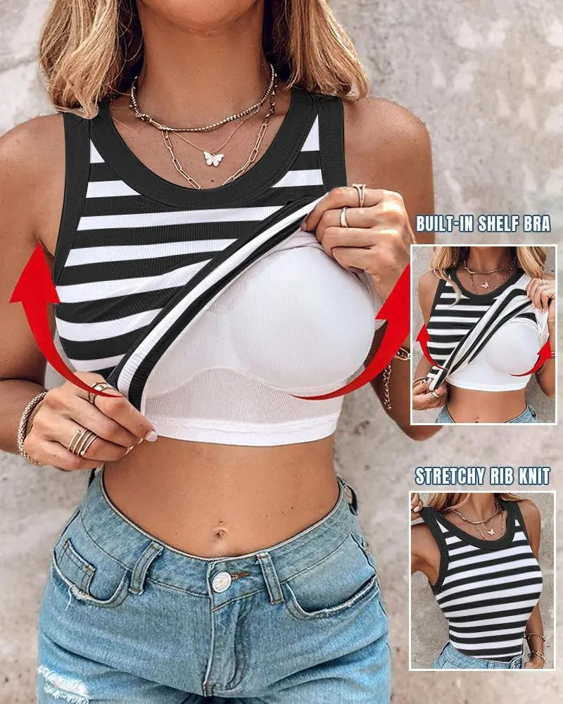 Women's Slim Striped Vest with Bralette – Chic Sleeveless Tank Top