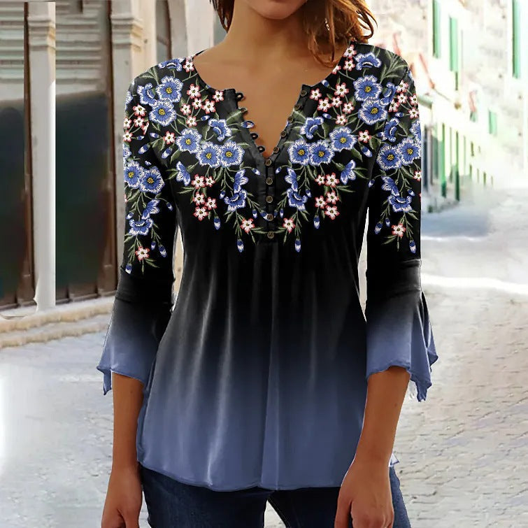Women’s V-Neck 3/4 Sleeve Button-Front Tunic Blouse