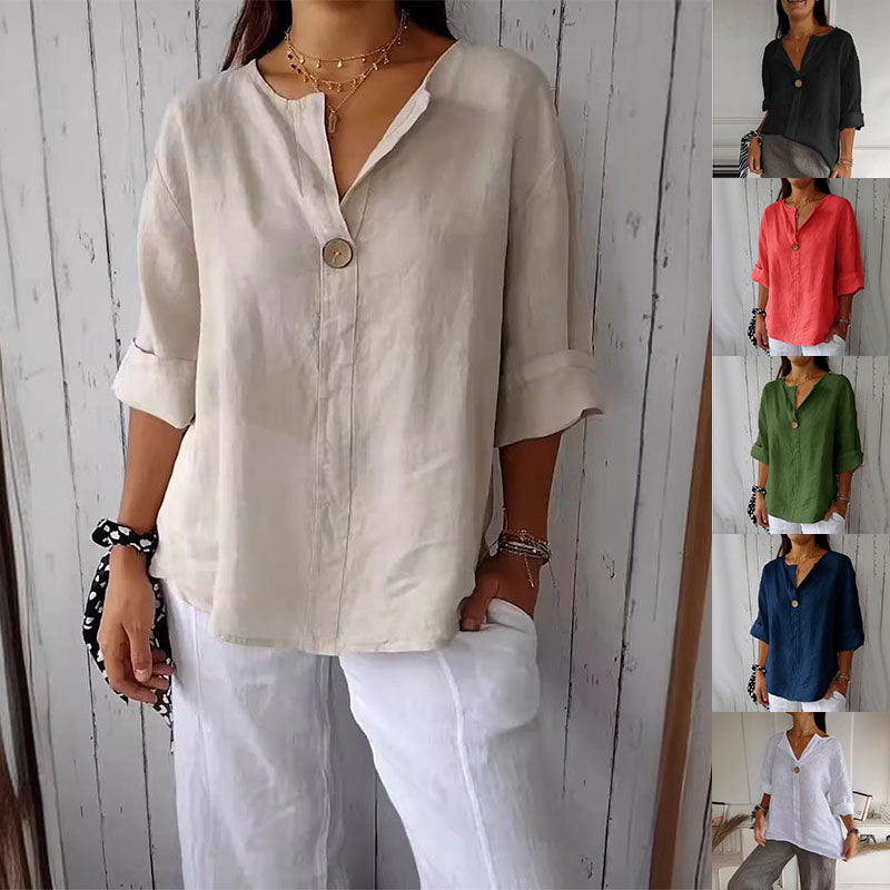 Women's V-Neck Long-Sleeve Button Top – Loose Fit Casual Blouse
