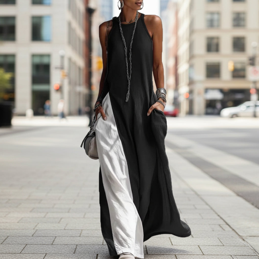 Women's Sleeveless Loose Contrast Color Dress with Pockets