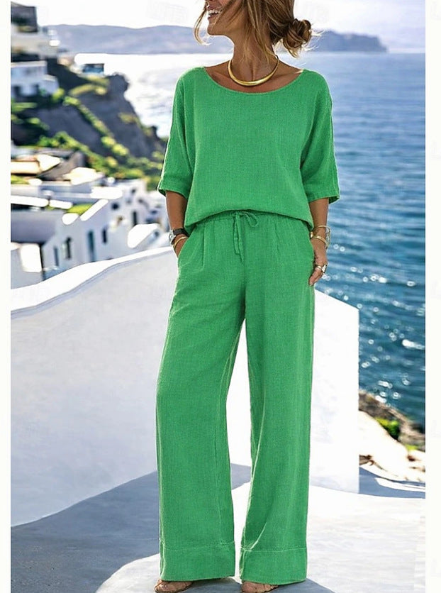 Women's Resort Set – Short Sleeve Top & Wide-Leg Pants
