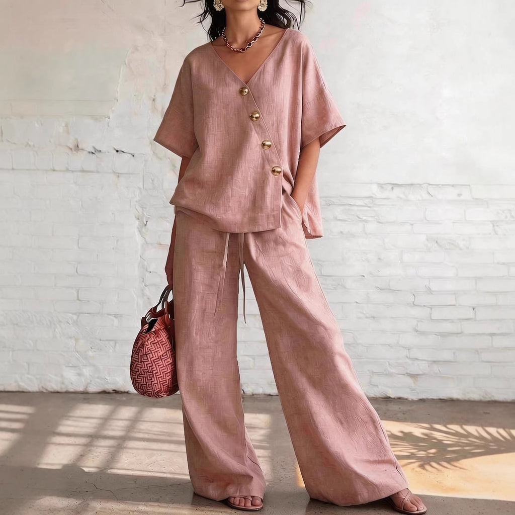 Women's Loose Cotton-Linen V-Neck Top & Wide-Leg Pants Set