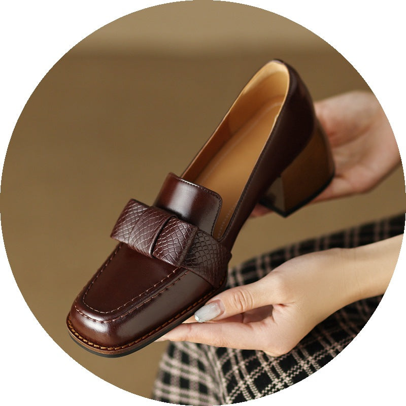 Women's Cowhide Square Toe Chunky Heel Pumps – Floral Detail Commuter Heels