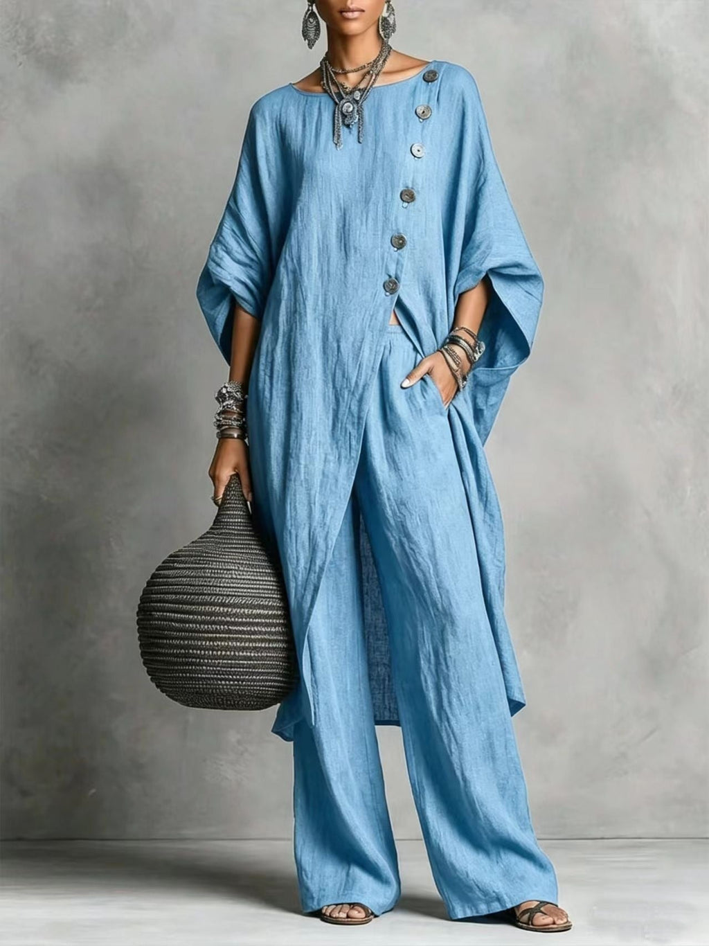 Women's Drop Shoulder Three-Quarter Sleeve Irregular Shirt & Pants Set