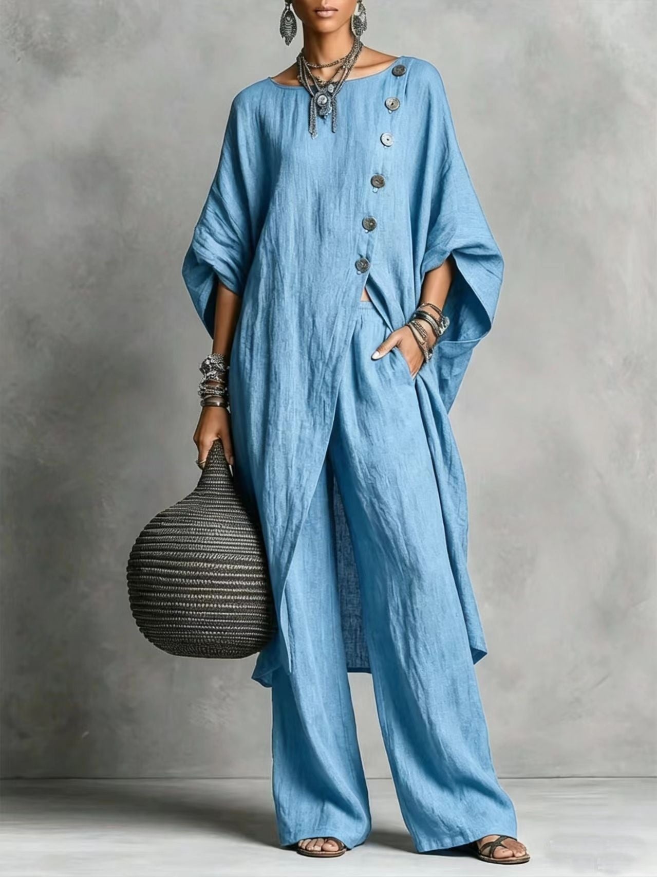Women's Drop Shoulder Three-Quarter Sleeve Irregular Shirt & Pants Set
