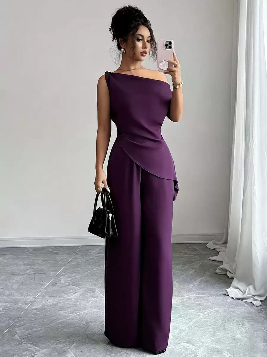 One-Shoulder Asymmetric Top & Wide-Leg Pants 2-Piece Set – Women's Elegant Co-ord Suit