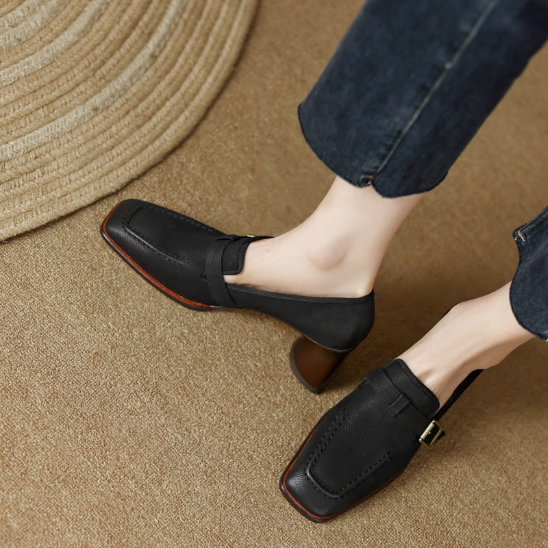 Women's Retro British Style Chunky Heel Leather Shoes – Round Toe Commuter