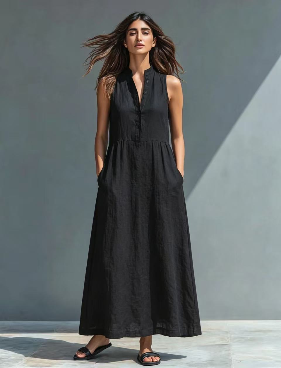Women's Stand-Collar A-Line Maxi Dress – Resort & Vacation Style